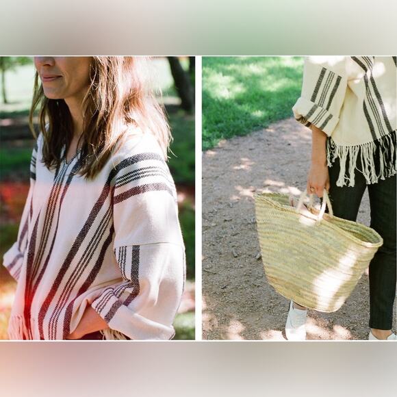 Apiece Apart Amelia Woven Striped Poncho Sweater 100% cotton cream & black sz L - Picture 3 of 9